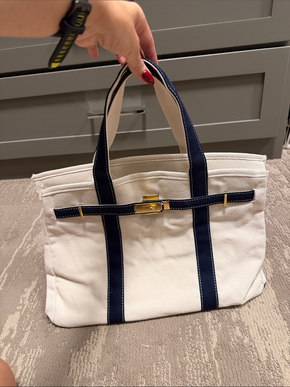 Canvas Tote Bag with Navy Straps and Gold Boatkin